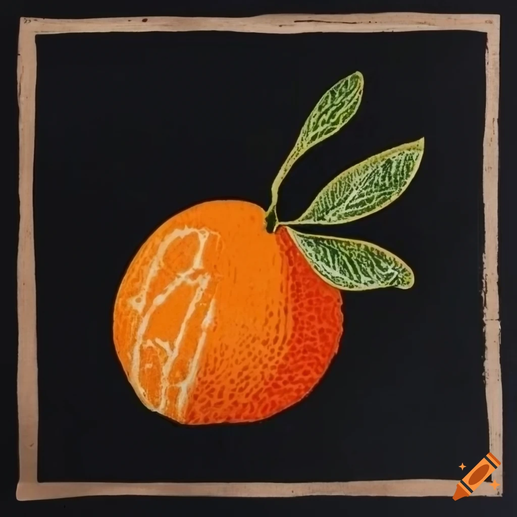 Tangerine in style of wood block print japanese black background