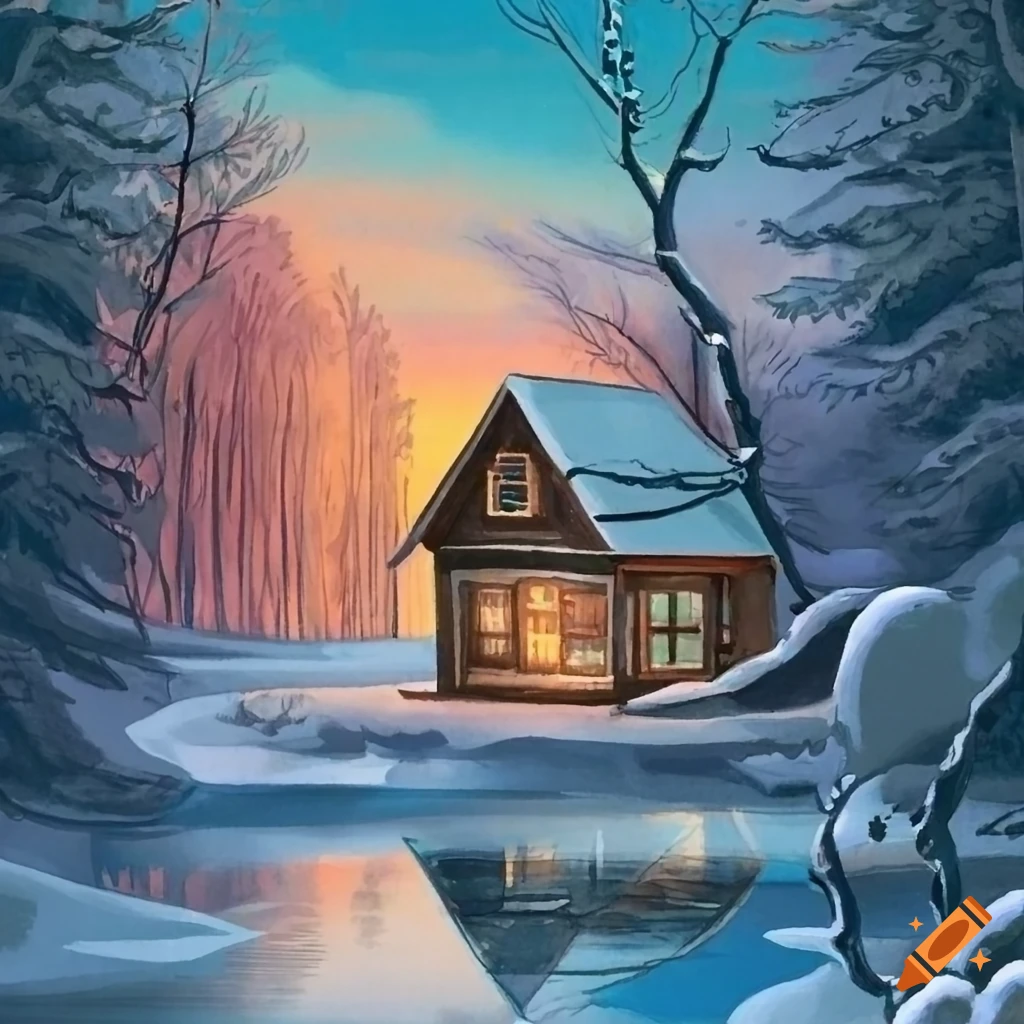 A cozy cabin in the middle of a snowy forest with a frozen lake next to ...