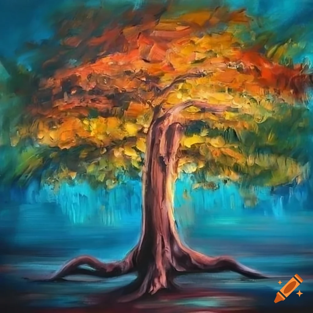 An impressionistic painting of a majestic koa tree
