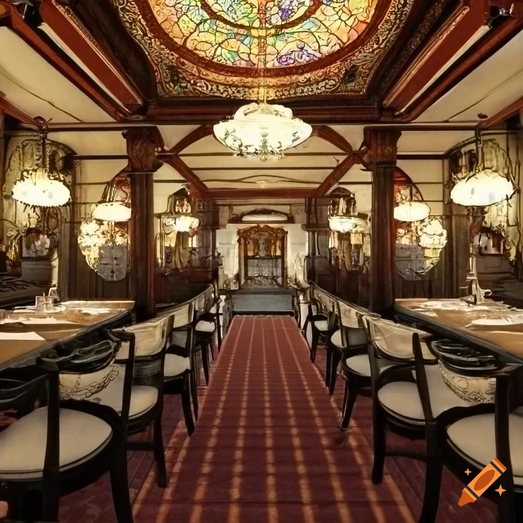 2nd class victorian restaurant dining room on steam ship. jade green carpets. gas lantern