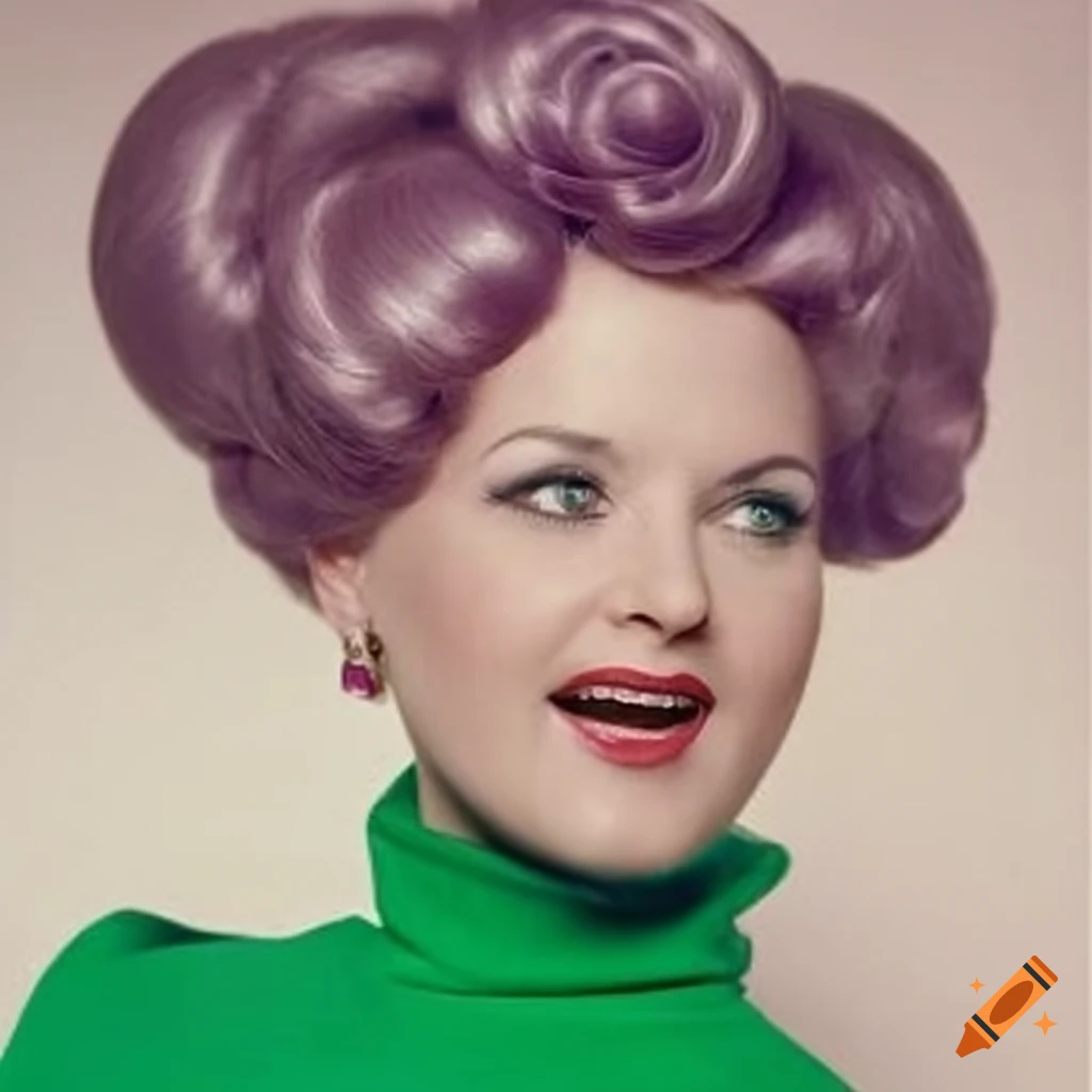 Pleasant retro housewife with tall bouffant updoo bun dressed in green ...