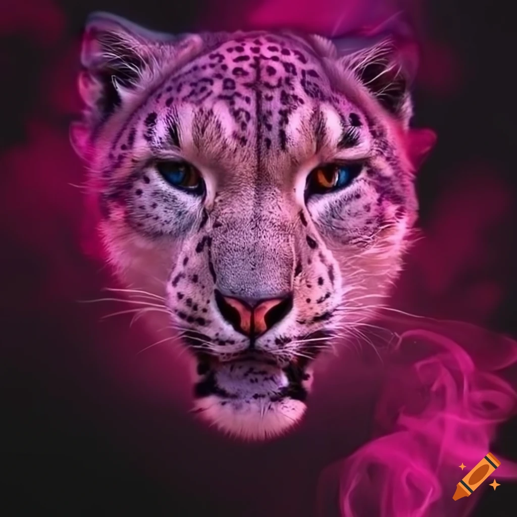 Snow leopard, pink smoke background, butterflies, realism on Craiyon