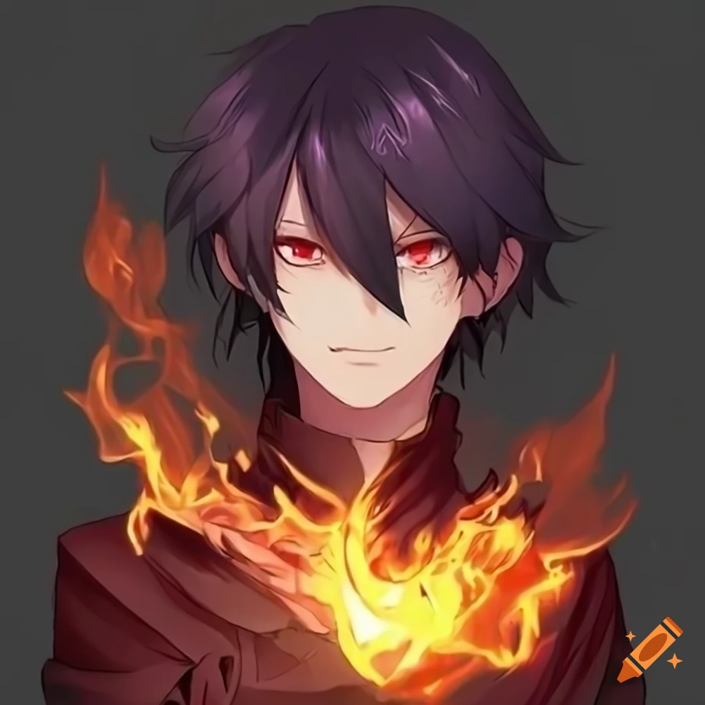 A cool anime boy with red eye glowing like red flames with black hair for a  profile picture on facebook