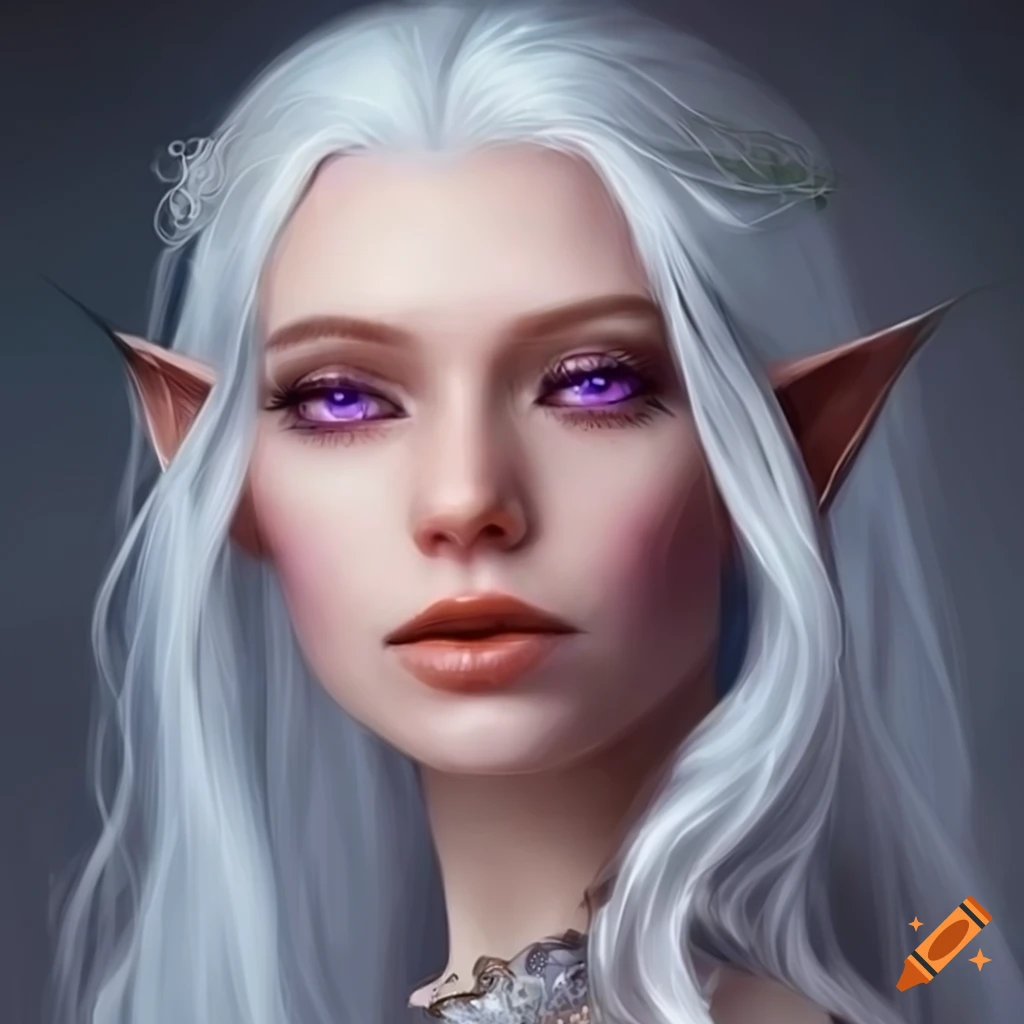 Beautiful elven princess with white hair, light purple coloured eyes ...