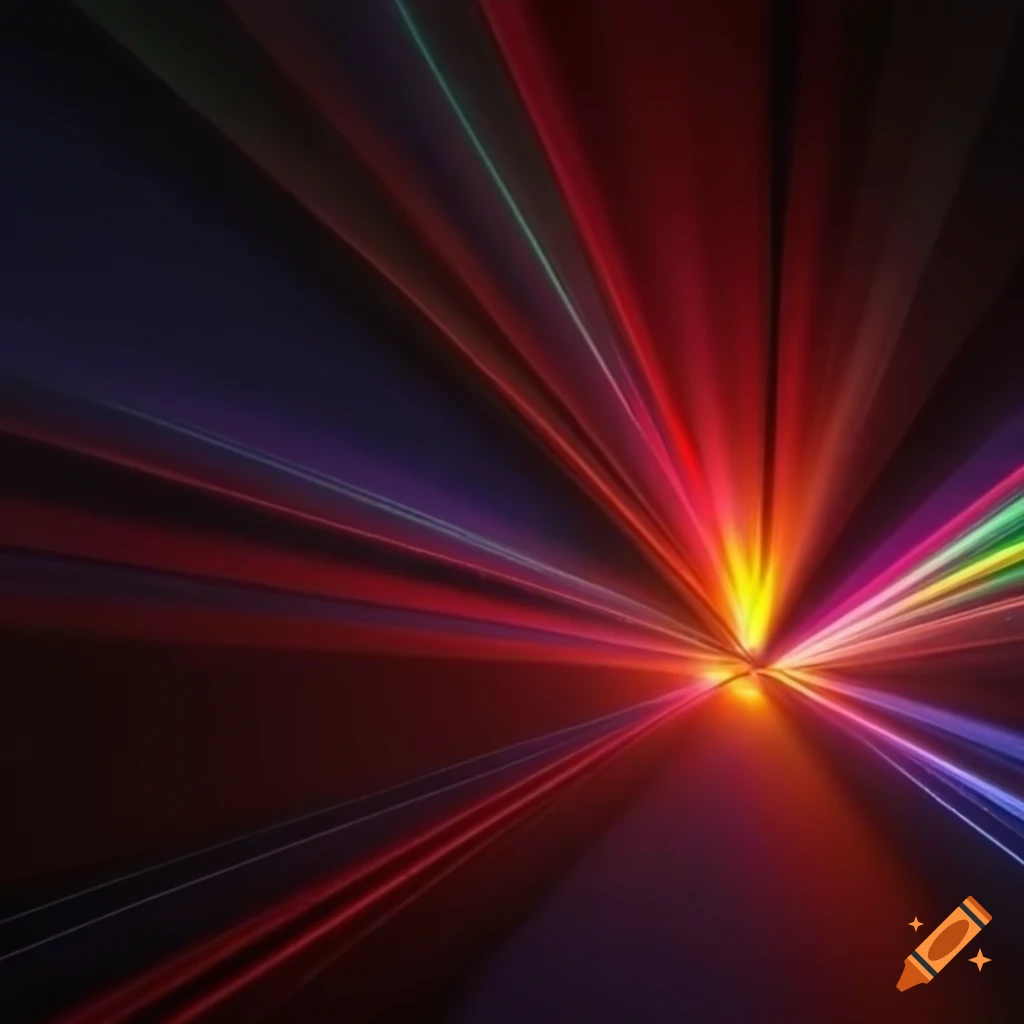 a dark laser laboratory traversed by multi-color laser beams, aspect ratio of the picture 4:1