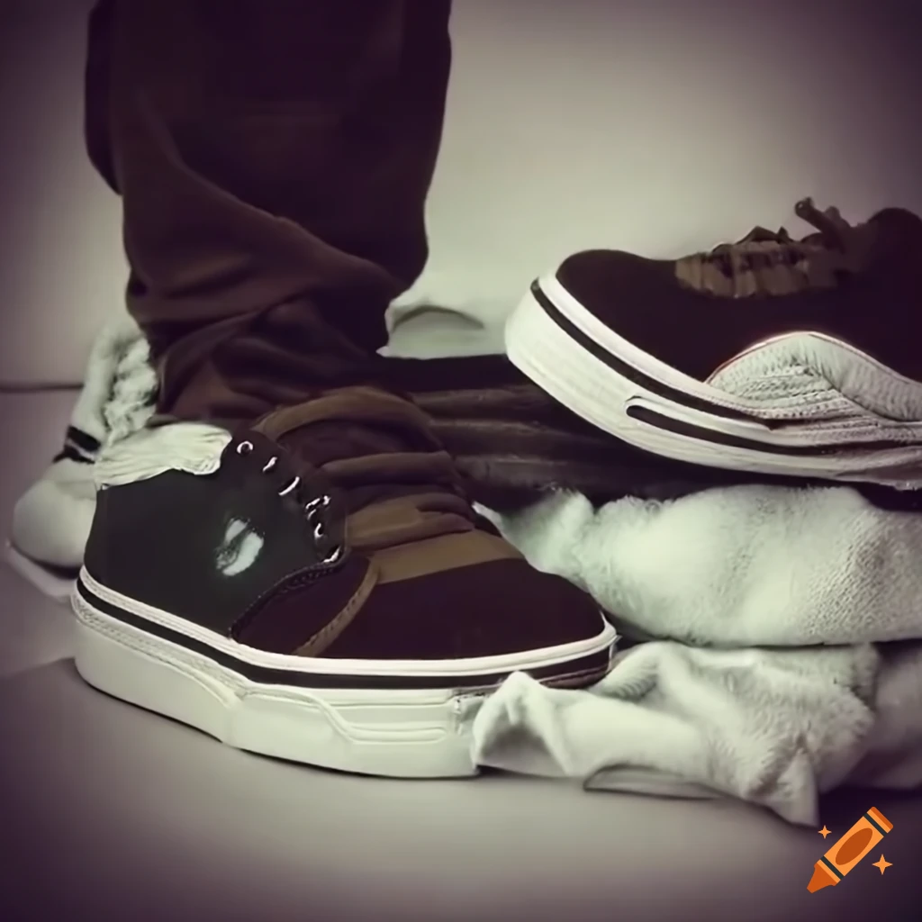 High realistim photo of the feet of some young men wearing skater outfit and different pairs of worn down etnies adio emerica and vans shoes while standing on crumpled towels over a cozy blanket