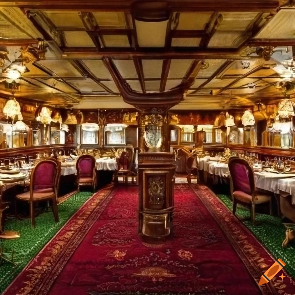 2nd class victorian restaurant dining room on steam ship. jade green carpets. gas lantern