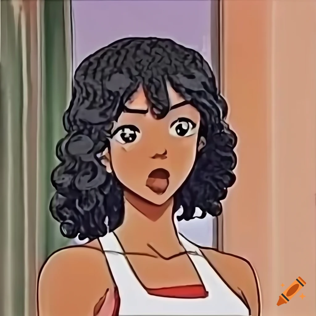 Profile picture baddie mixed brown girl long black curly hair thin eyebrows  cartoon retro japanese anime 90's style inspired michiko malandro