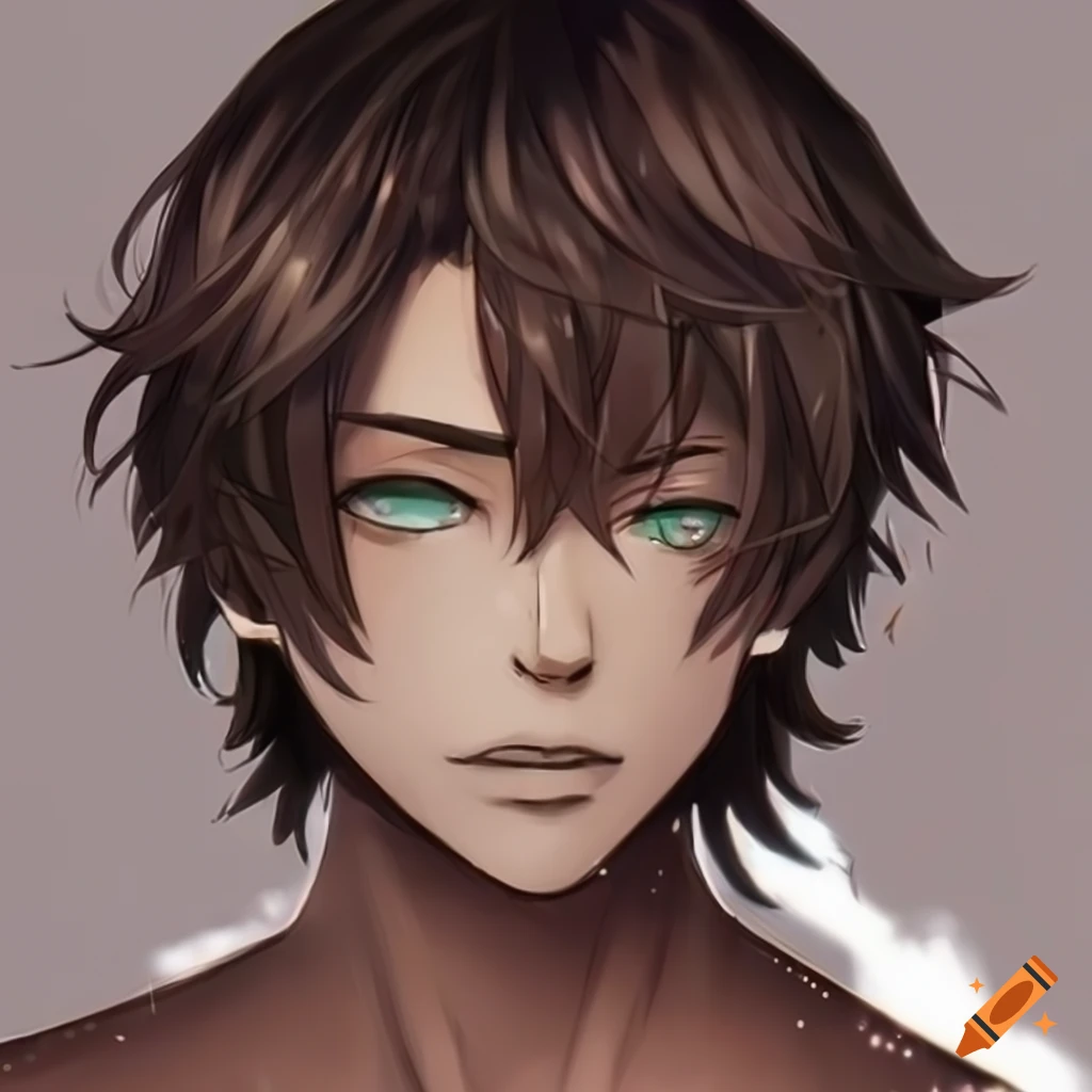 Psycho anime boy with black messy hair and brown eye