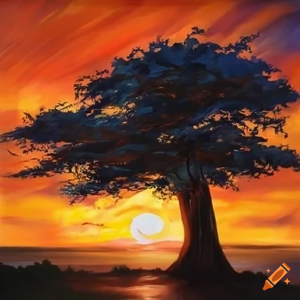 A stunning painting of a majestic koa tree at sunset