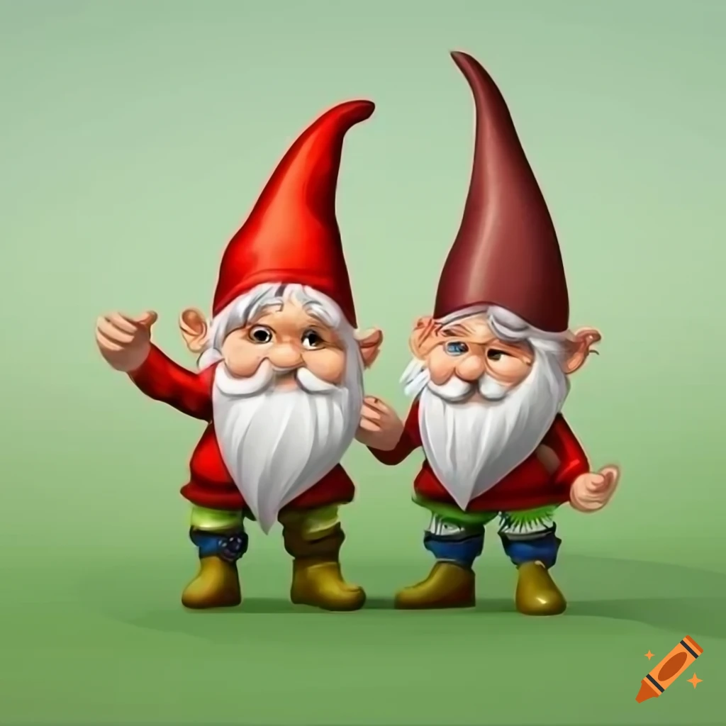 Cartoon image of two sad gnomes with a cap in the garden pointing up