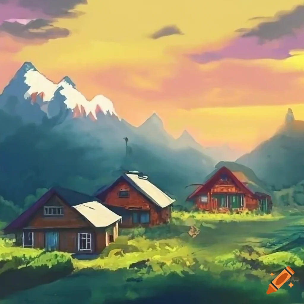 Mountains in the background with a row of cottage homes in the ...