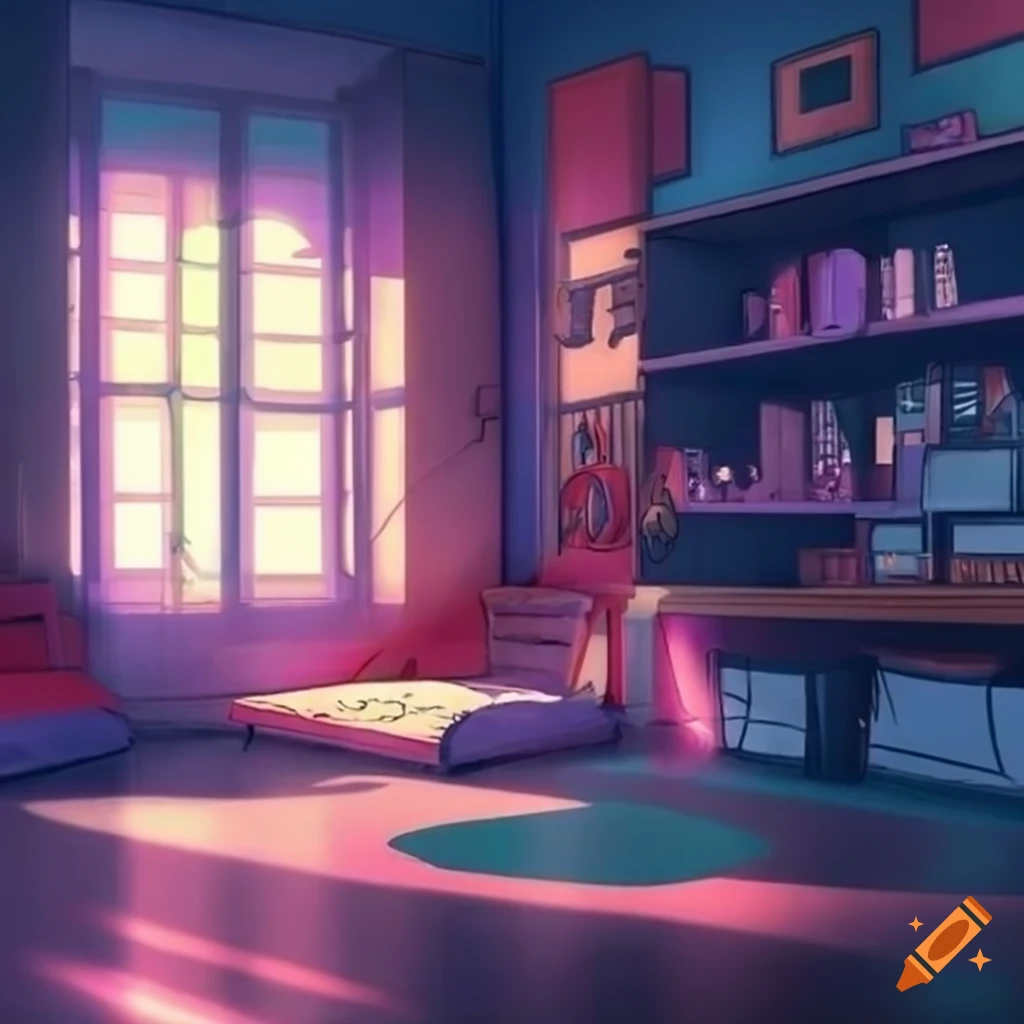 Sunlit anime-themed room with carefully arranged objects and ...