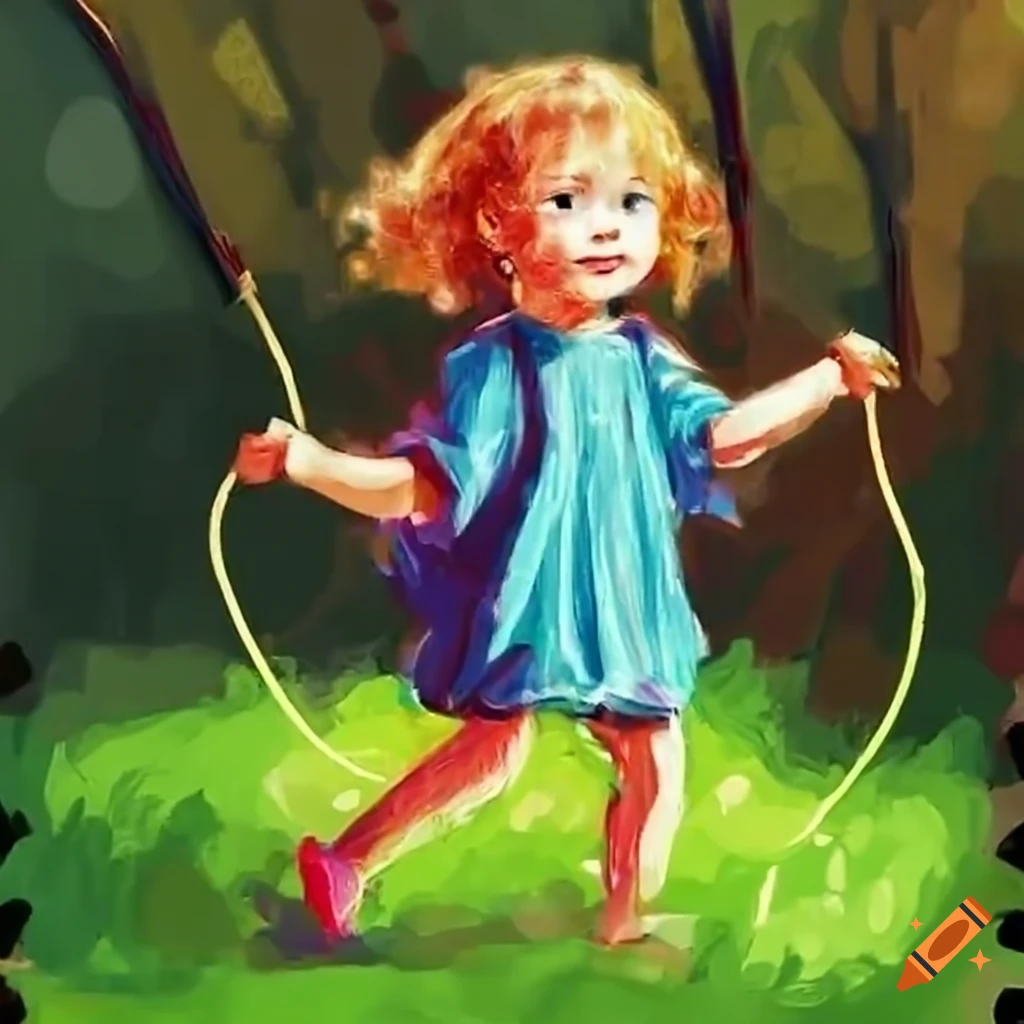 Child joyfully skipping rope in a park under the rain on Craiyon