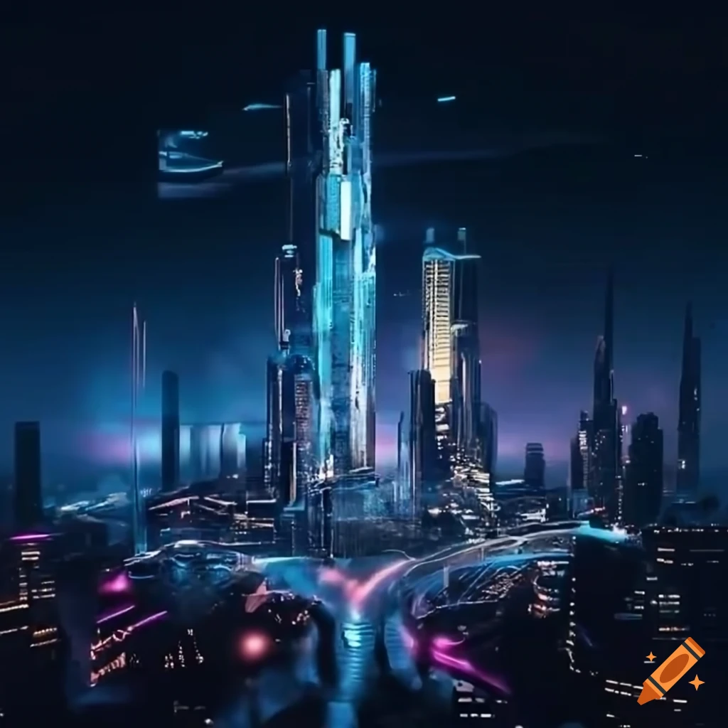 “design a futuristic cityscape with towering buildings and neon lights ...