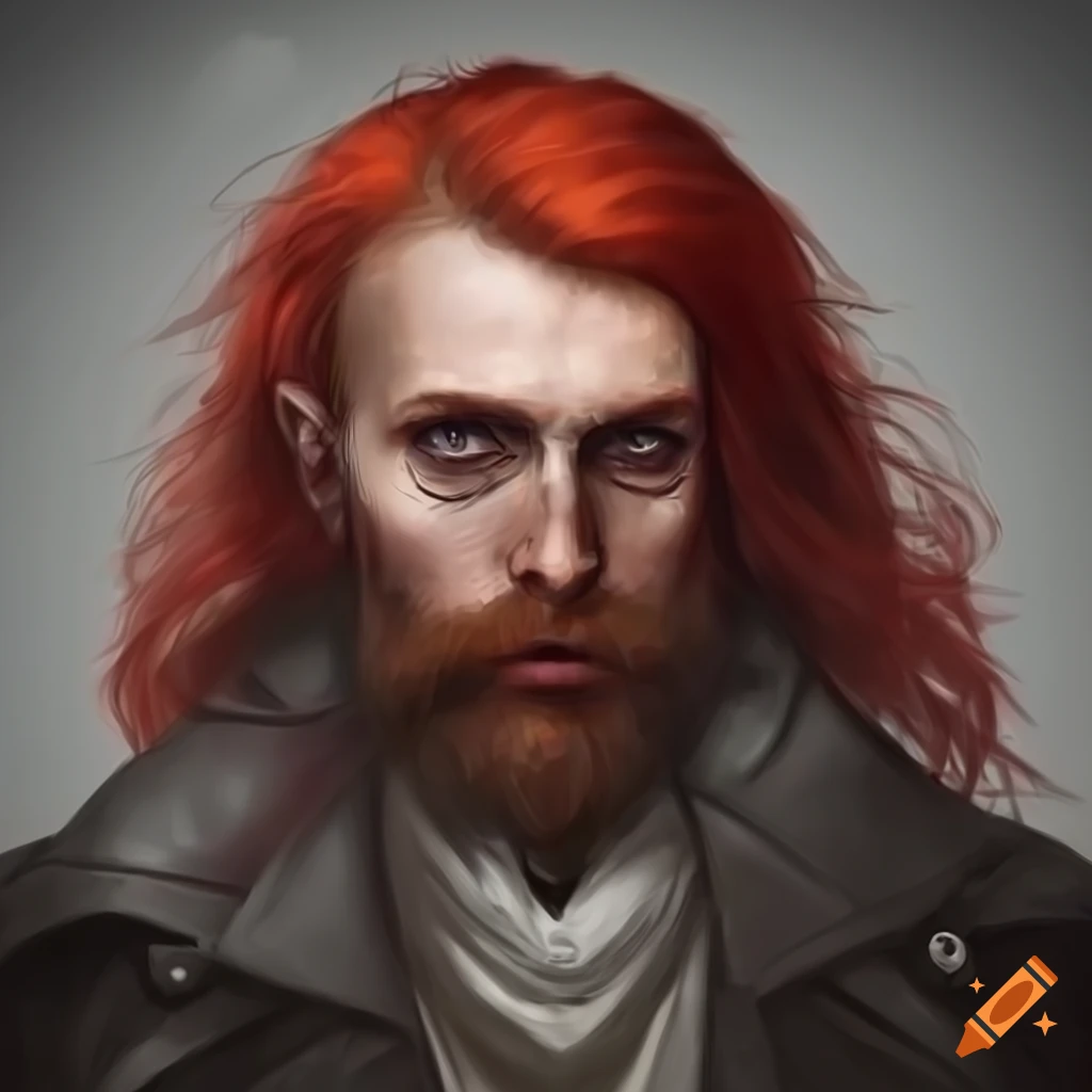 Serious magyar man with pale skin, red slicked hair and trimmed beard ...