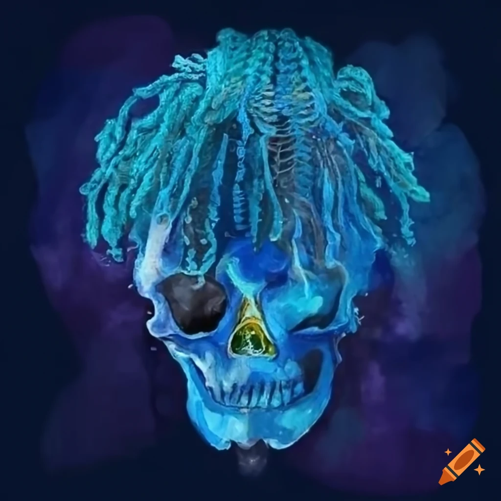 Skeleton with blue freeform dreads in lighting blue hell