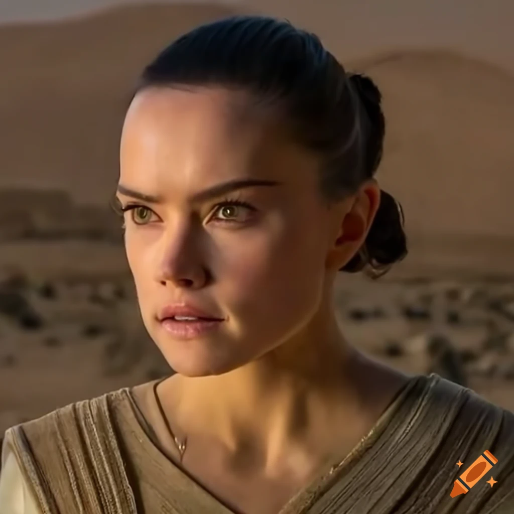 Daisy Ridley as Rey in a devastated desert village with smoke and ...