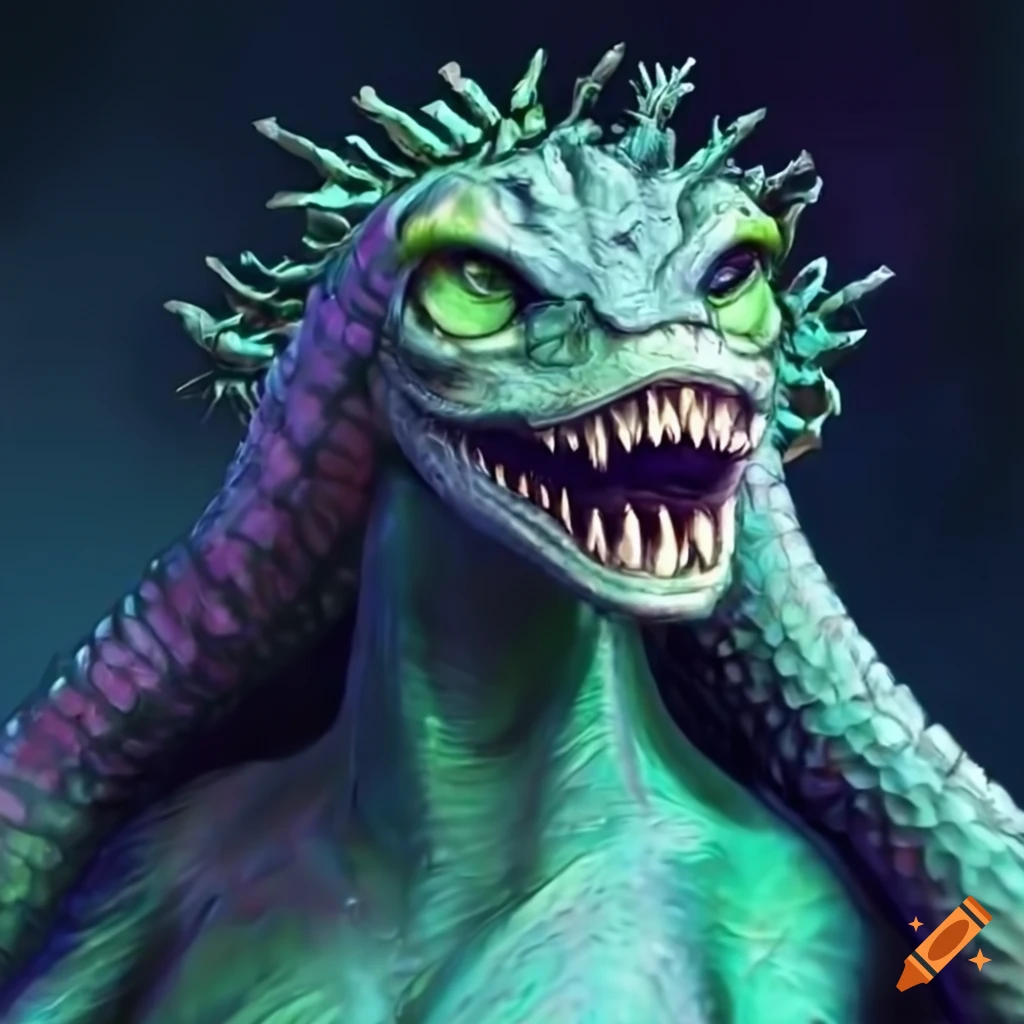 Anthro reptilian monster matriarch with captivating eyes and iridescent