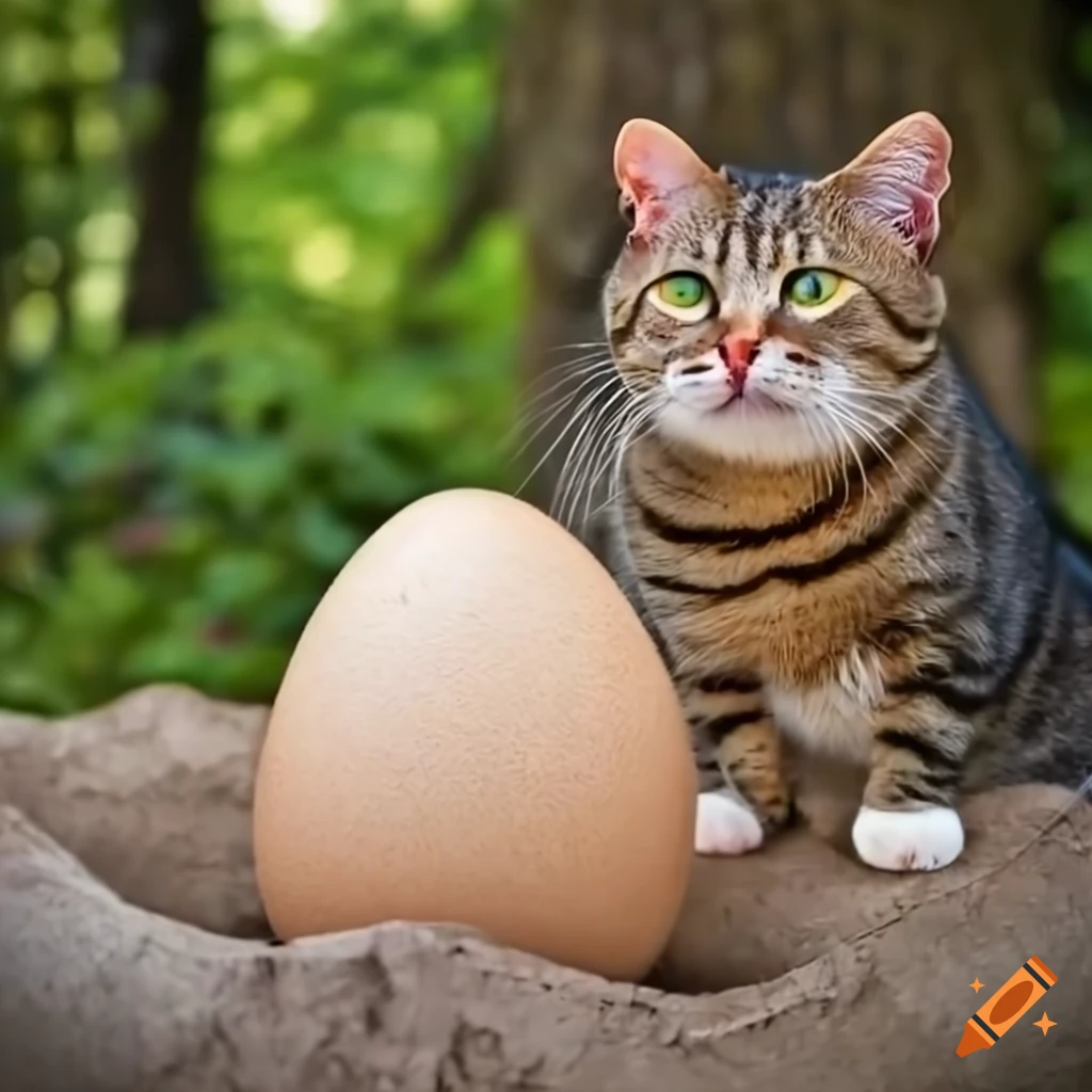 Silly cat with foolish eyes balancing on a giant egg with tree in
