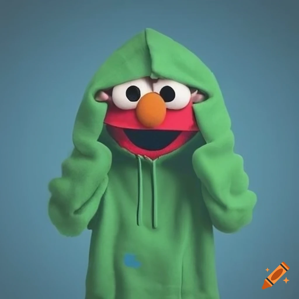 elmo in a blue green hoodie