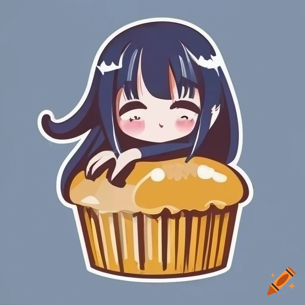2d vector art logo of a cute anime girl hugging a large muffin