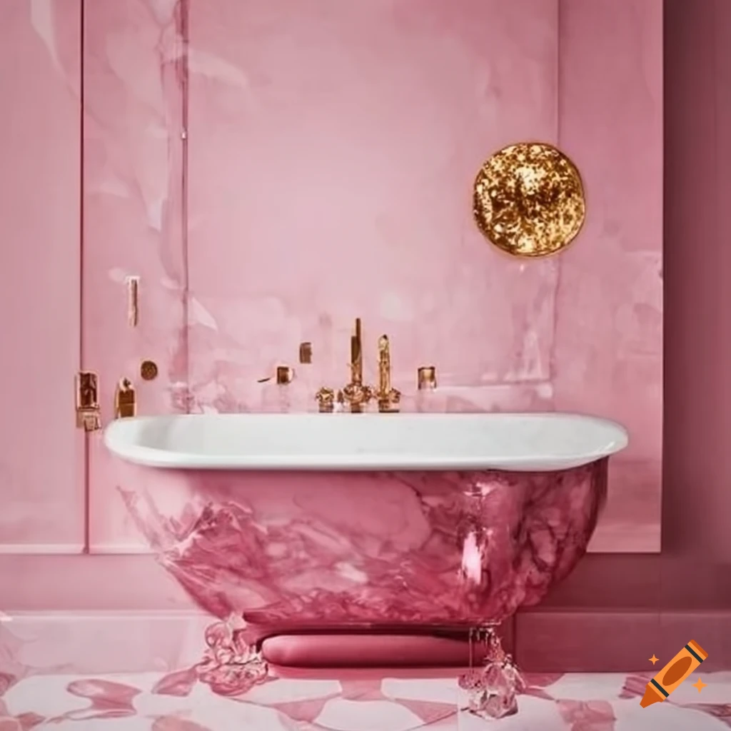 Pink bathroom with marble walls and floor, pink crystals and gold details  on Craiyon