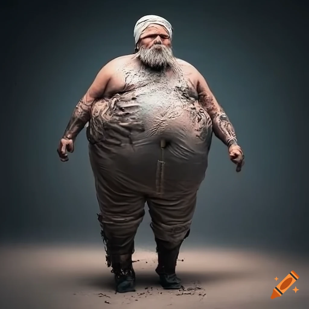 Fat Obese Old Man Tattoo Bearded In Grey Leather In Grey Waders Walking fat-obese-old-man-tattoo-bearded-in-grey-leather-in-grey-waders-walking