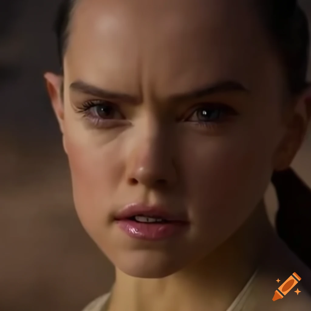 Daisy Ridley as Rey in a destroyed desert village on the planet Jakku