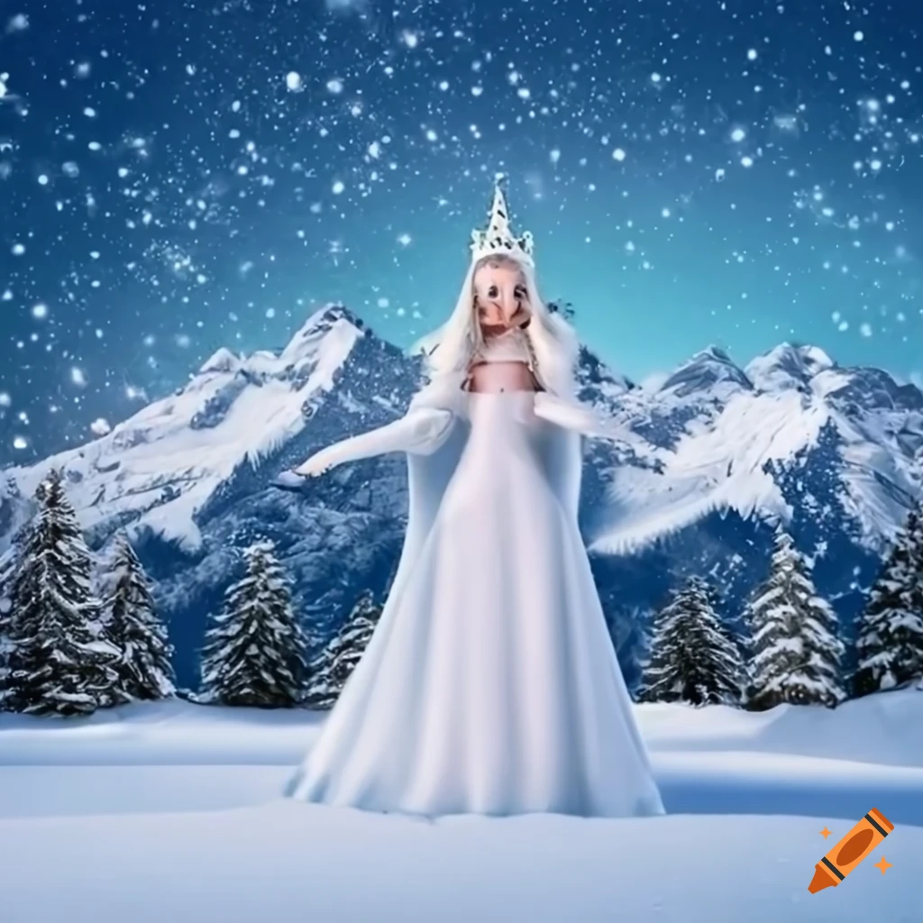 Snow queen in a winter wonderland with swiss mountain background with snow  and snow christmas tree looking down with white winter make up on Craiyon