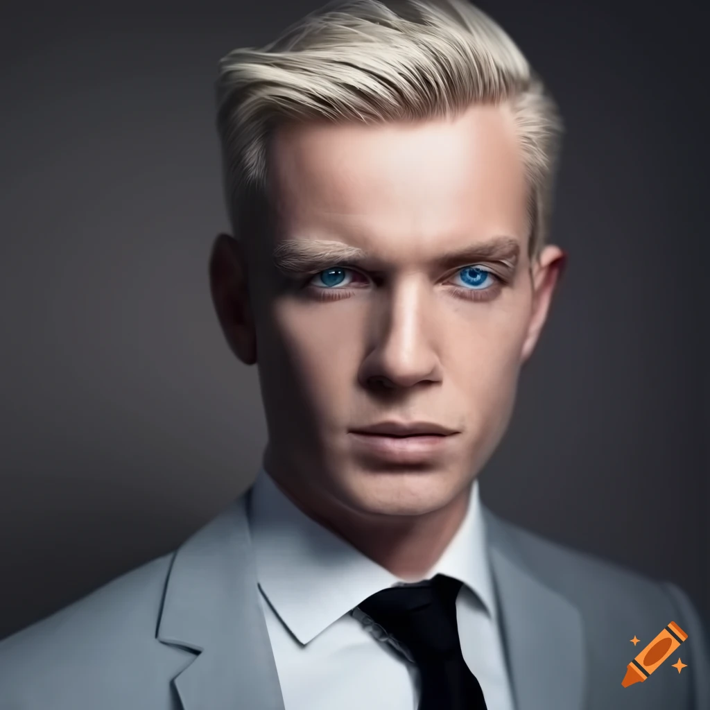 Middle aged cuacasion male blonde hair blue eyes grey suit white shirt ...