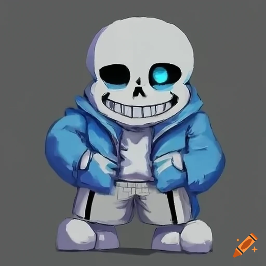 Sans the skeleton, from undertale, anime style, white dots as eyes ...