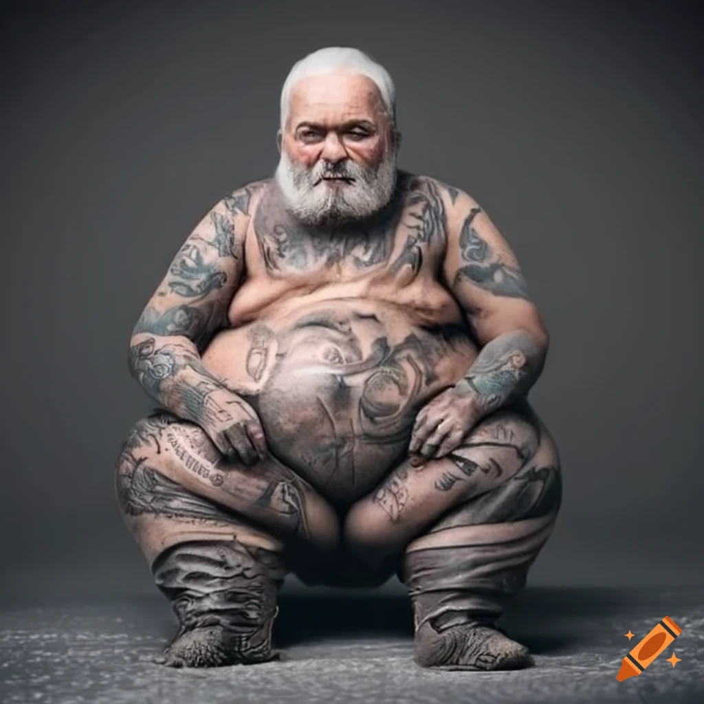Fat Obese Old Man Tattoo Bearded In Grey Leather In Grey Waders In Mud fat-obese-old-man-tattoo-bearded-in-grey-leather-in-grey-waders-in-mud