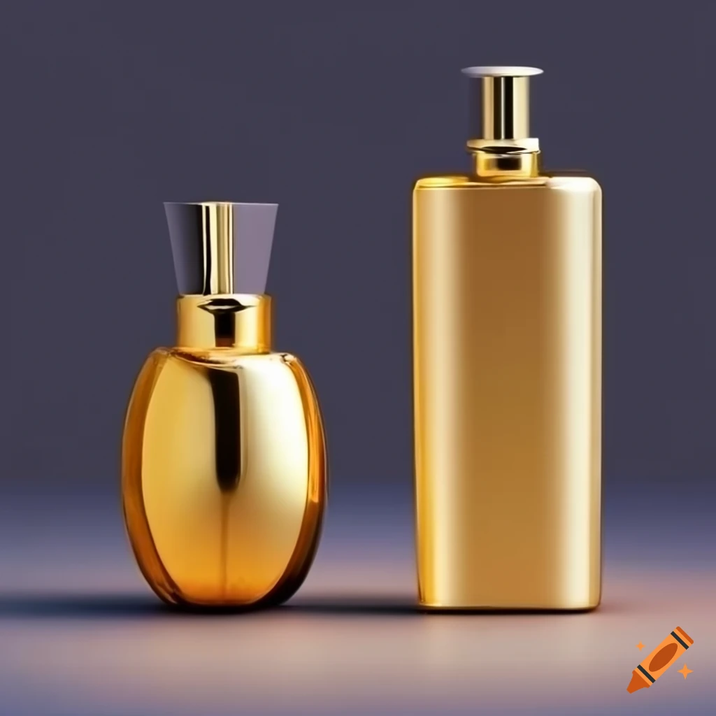 Elegant gold perfume bottles on black background