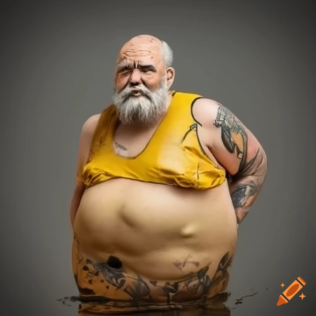 Fat Obese Old Man Tattoo Bearded In Yellow Leather In Yellow Waders In fat-obese-old-man-tattoo-bearded-in-yellow-leather-in-yellow-waders-in