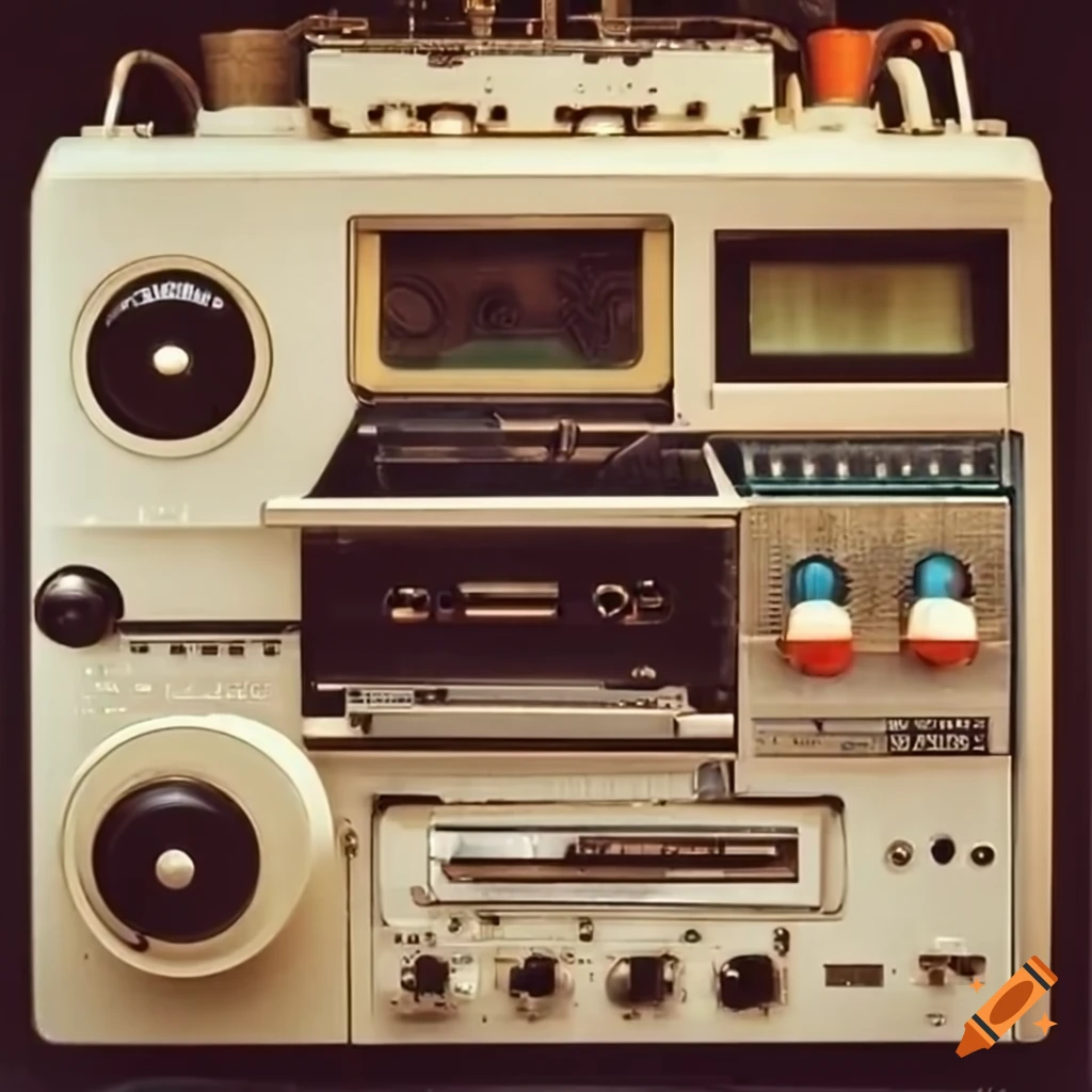 Tape machine recorder as a robot. retro photo. 1970. circuits. multicolored  bulbs. knobs on Craiyon