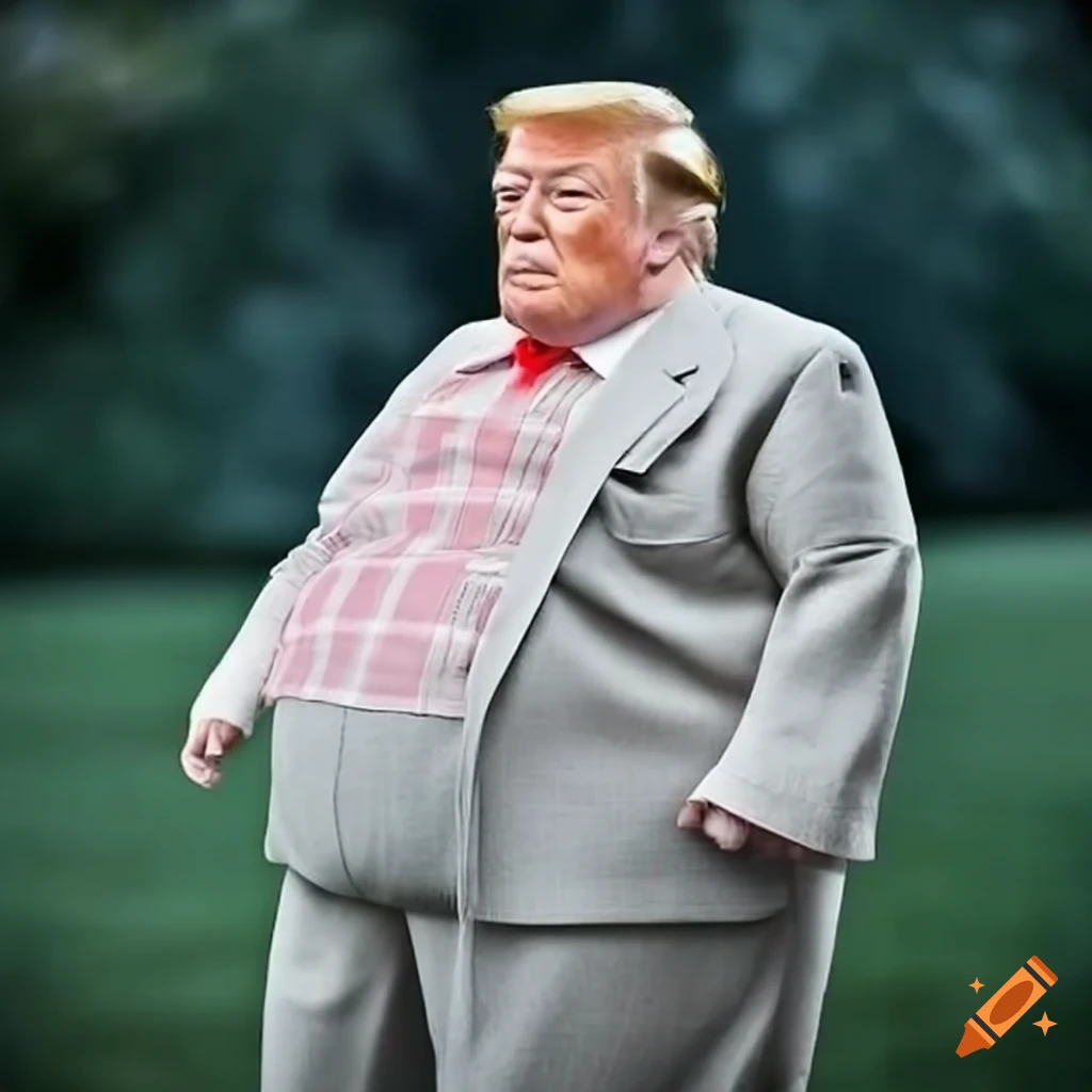 Realistic depiction of a grotesquely obese donald trump in white shoes,  polyester pants, and an ill fitting casual shirt on Craiyon