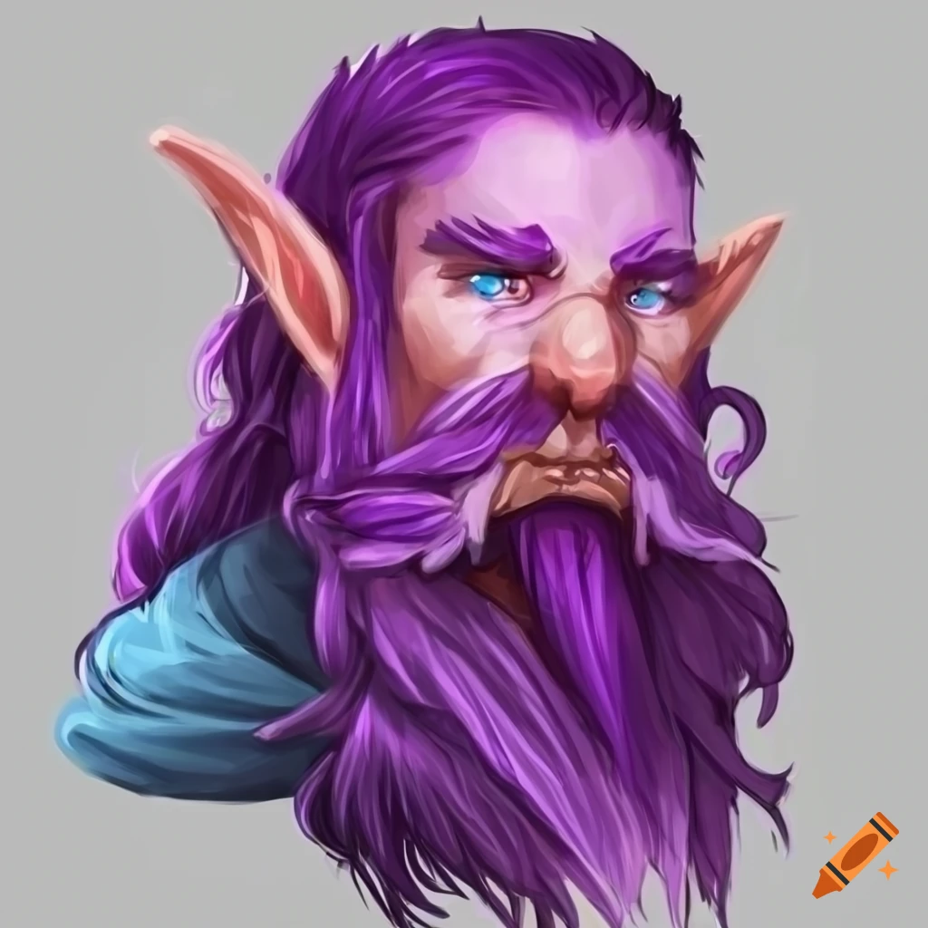 A dnd gnome wizard with purple hair and small beard