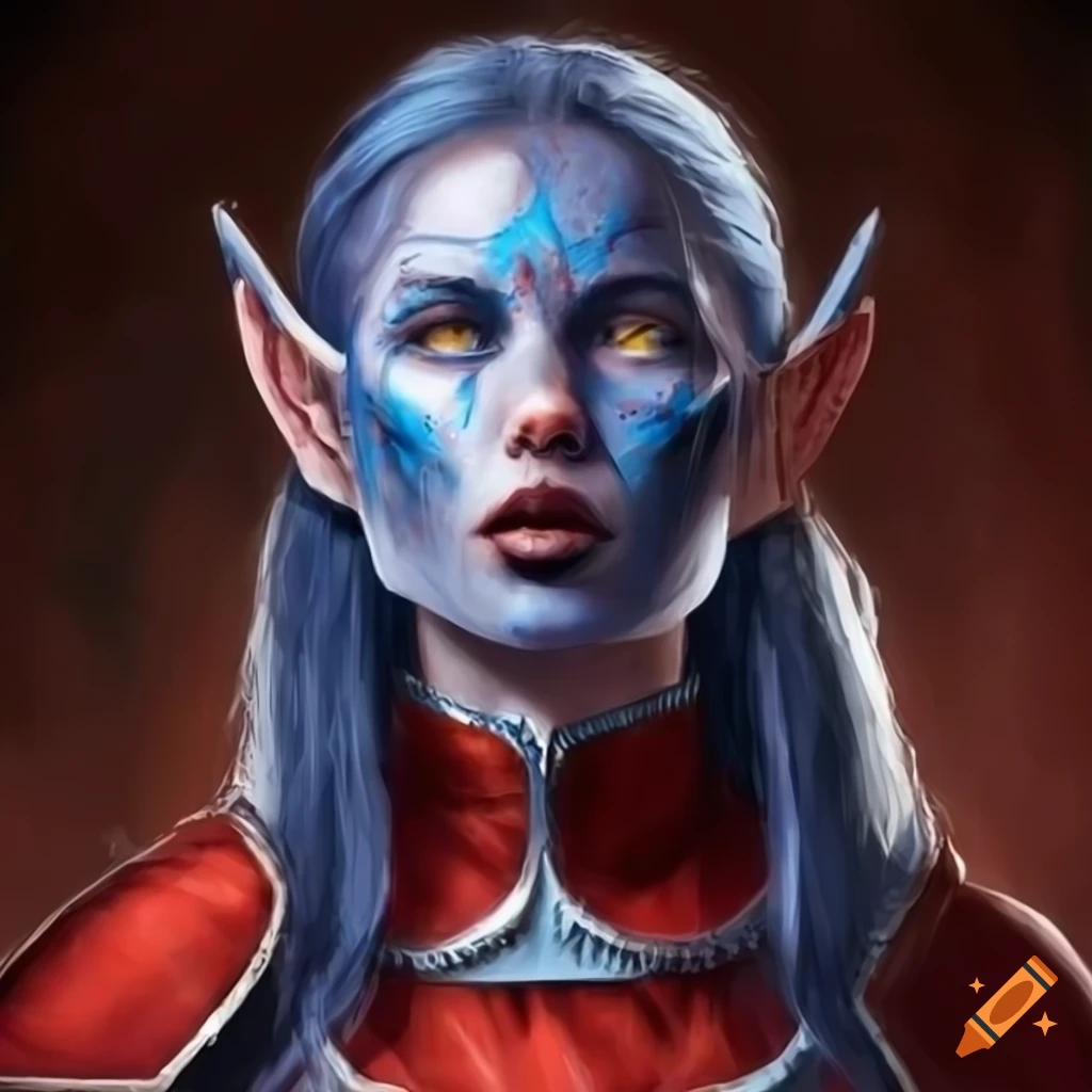 Blue skinned elf woman, blood red armor, red helmet, eyes covered with ...