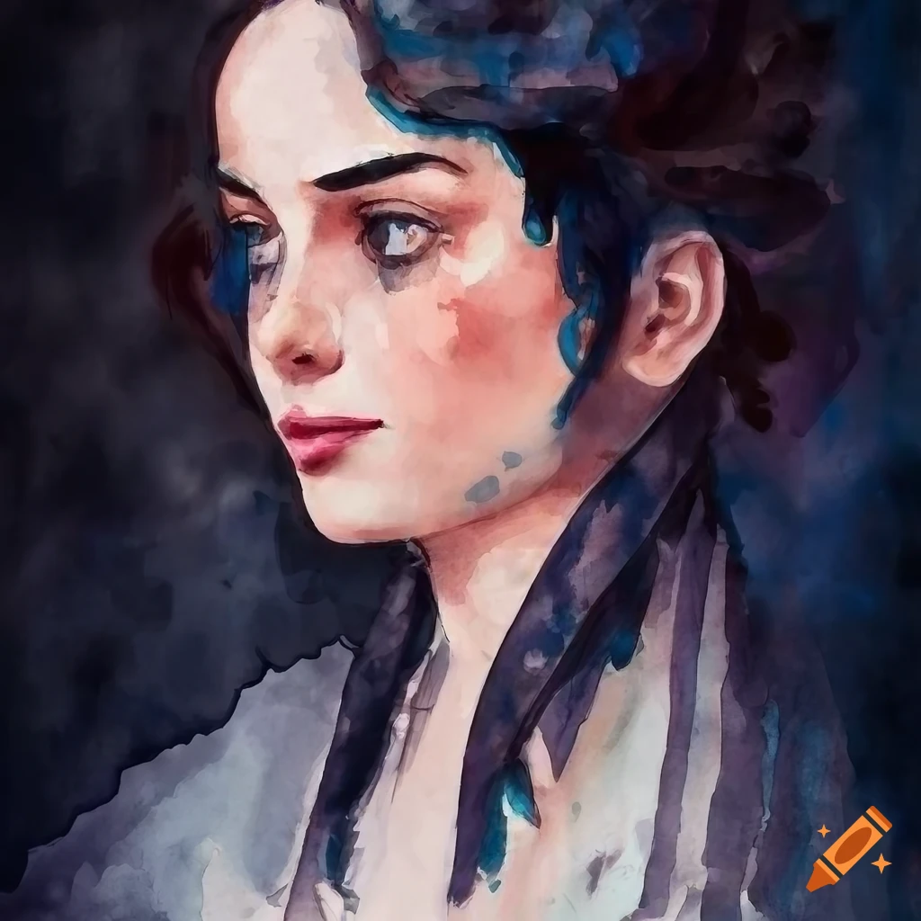 High definition detailed WATERCOLOR closeup of a young WOMAN WITH DARK ...