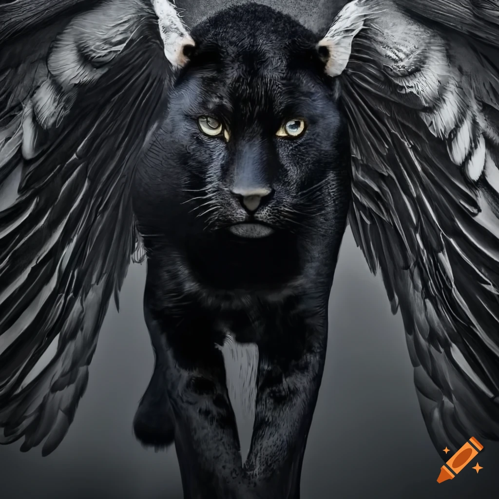 Black leopard with massive angel wings, fierce and magestic, dark