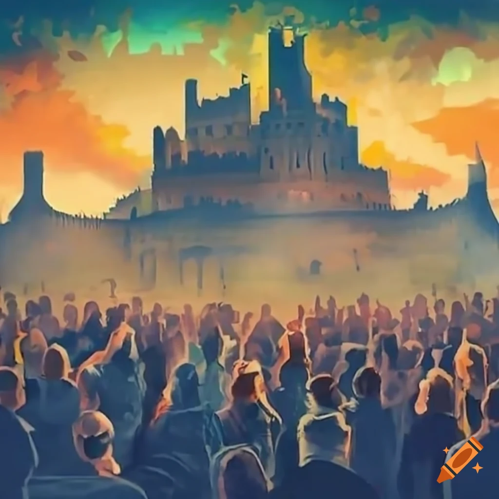 Crowd with pitchforks protesting near majestic castle at sunrise