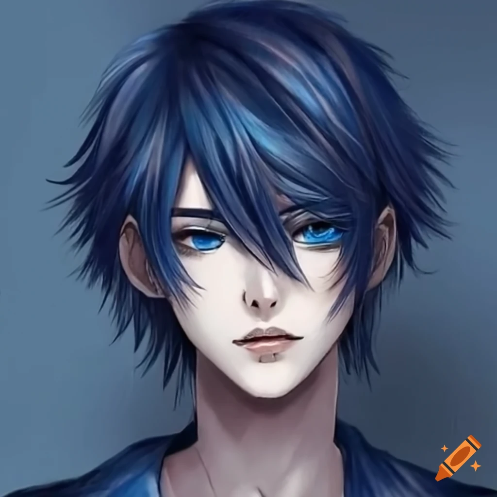 Eune homme aux yeux bleu, cheveux mi-long et noir, peau pâle on Craiyon, image size:1024x1024