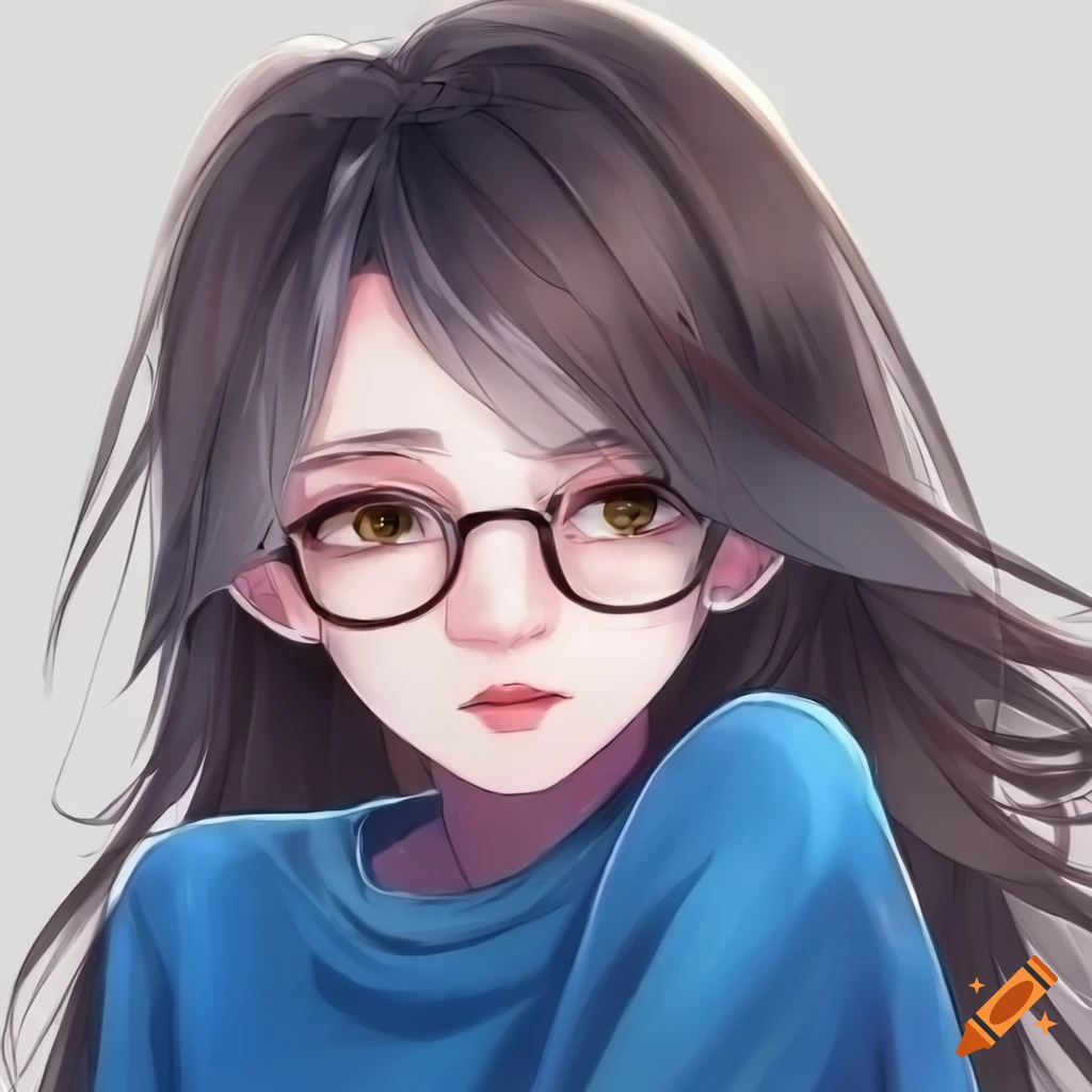 Anime art of chinese girl, wearing glasses, black bg white t shirt blue ...