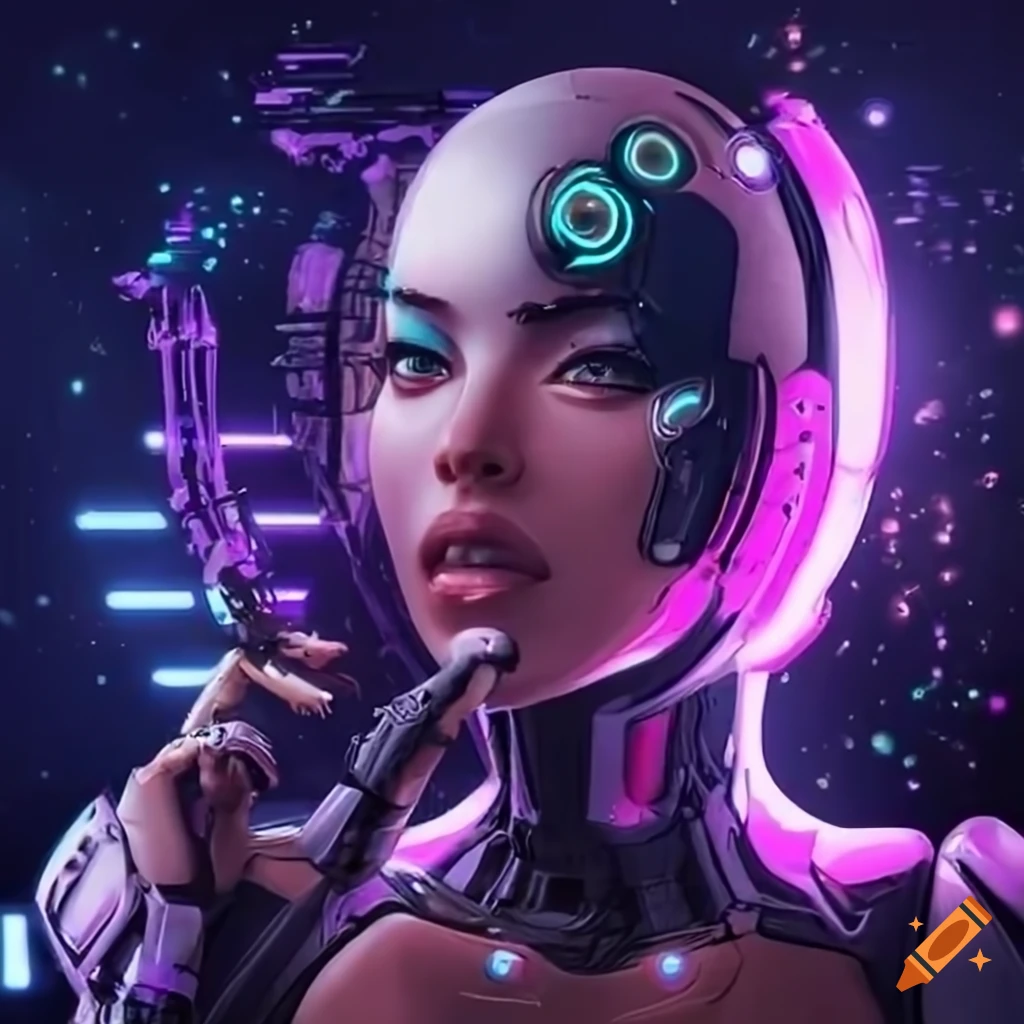 Futuristic cyborg woman enjoying an electric boost at a space-themed ...