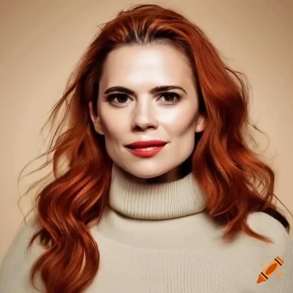 Hayley Atwell With Long Curly Red Hair Beige Turtleneck Sweater Beige hayley-atwell-with-long-curly-red-hair-beige-turtleneck-sweater-beige