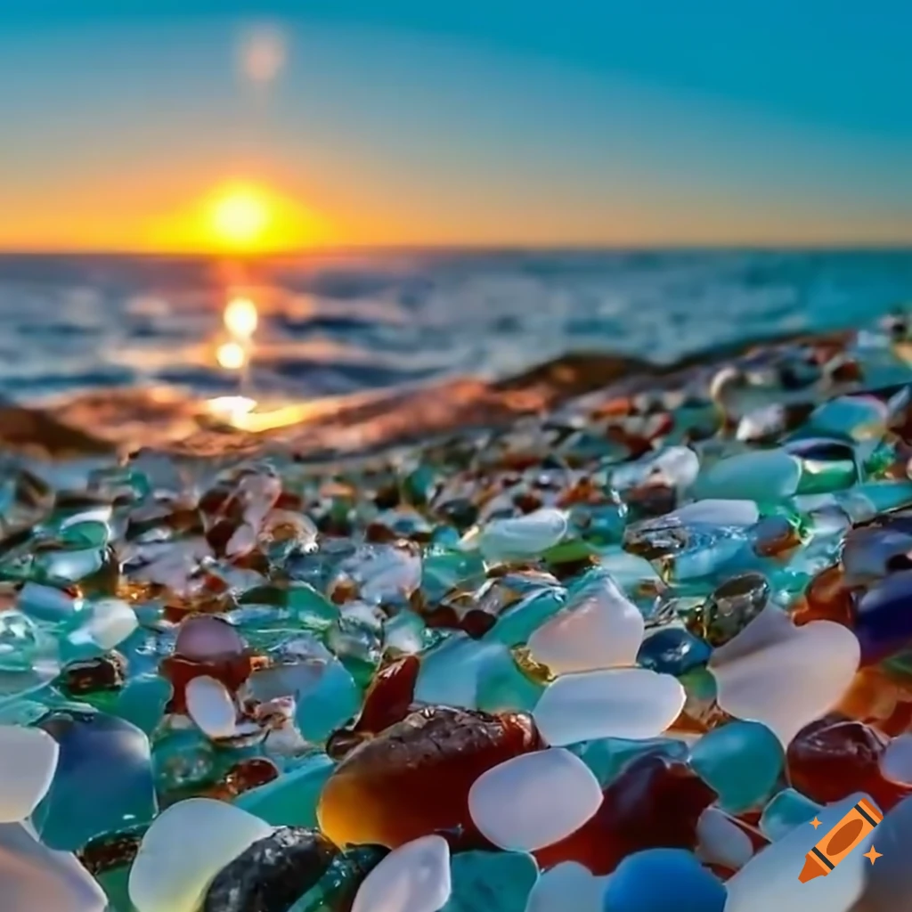 Glass beach with glossy colorful rocks reflecting in the ocean. a ...