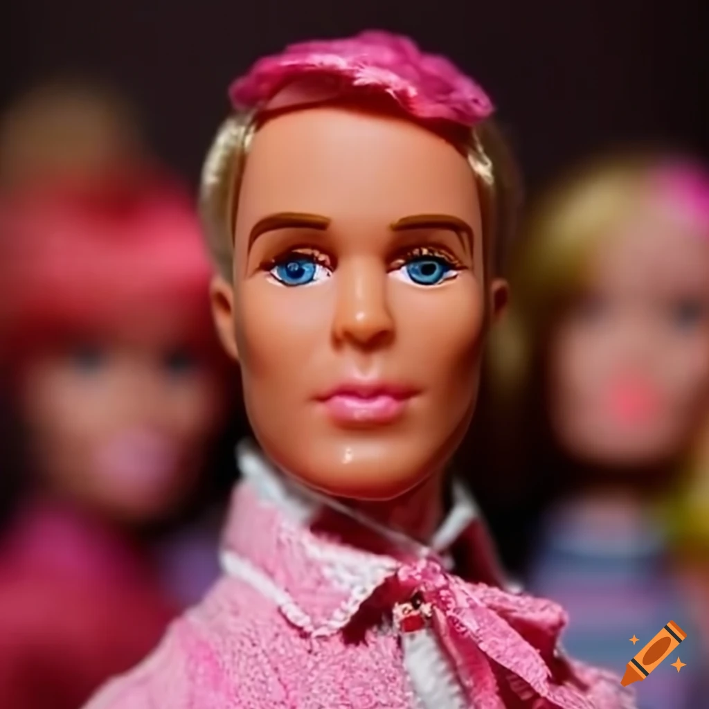 A hippie ken doll dressed in pink surrounded by other ken dolls in