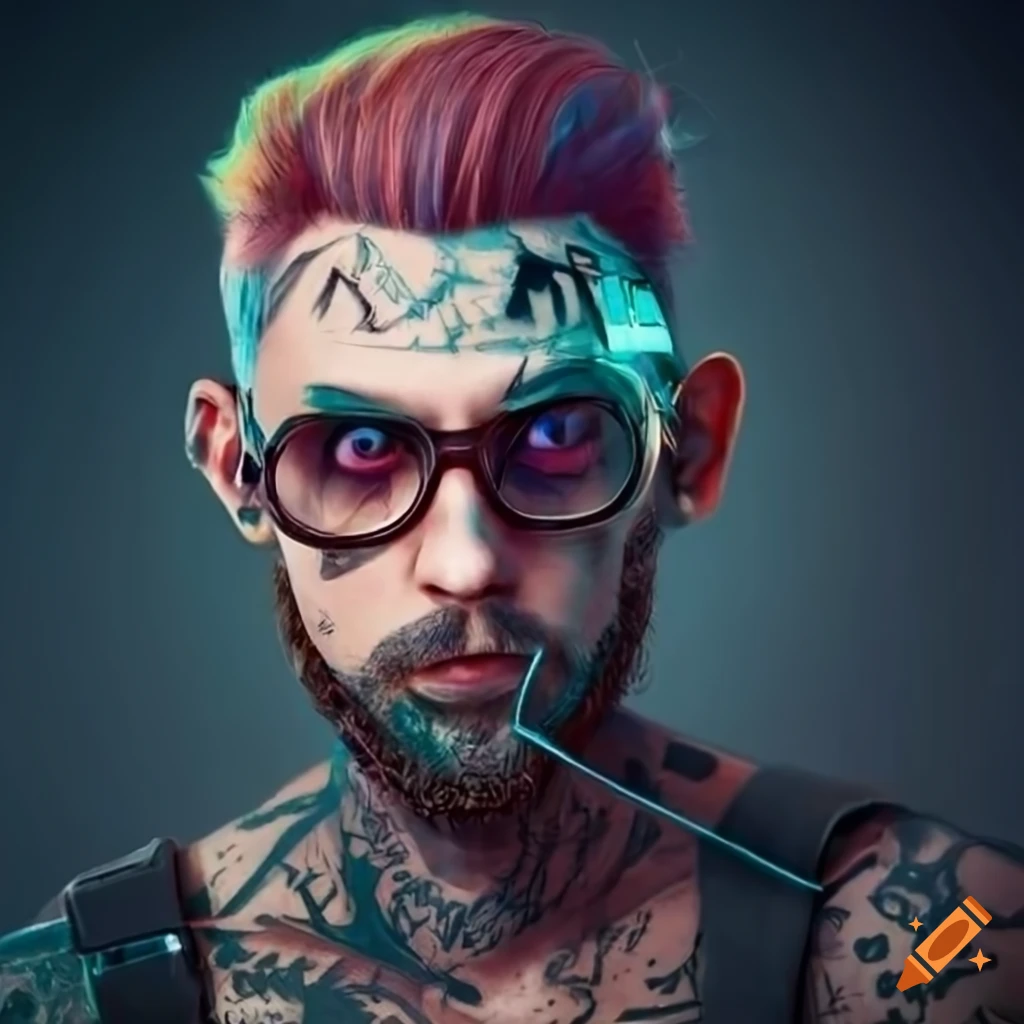 Cyberpunk tatooed man with violet eyes dark brown beard and hair in glasses