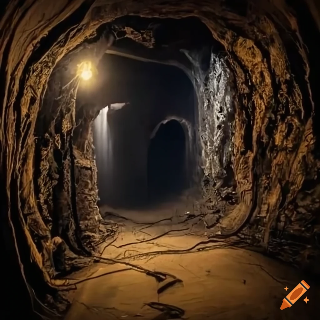 A dark mining shaft with dim lights powered by a generator and